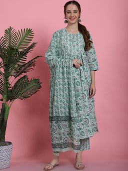 Bhayli - Green Floral Jaal Print Cotton Kurta with Pant & Dupatta (Set of 3)