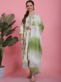 Bhayli - Cream & Green Floral Print Kurta with Pant & Dupatta (Set of 3)