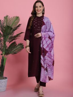 Bhayli - Burgundy Embroidered Silk Blend Kurta with Pant & Dupatta (Set of 3)
