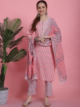 Bhayli - Peach Floral Print Cotton Kurta with Pant & Dupatta (Set of 3)