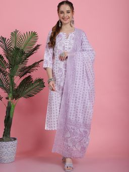 Bhayli - Purple & White Floral Jaal Buti Print Cotton Kurta with Pant & Dupatta (Set of 3)