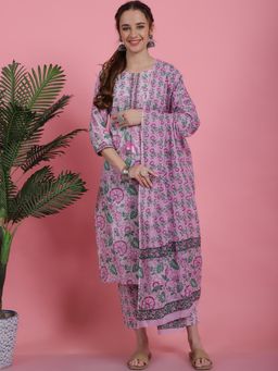 Bhayli - Pink Floral Jaal Print Cotton Kurta with Pant & Dupatta (Set of 3)