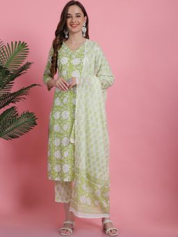Bhayli - Lime Green Floral Jaal Handblock Kurta with Pant & Dupatta (Set of 3)