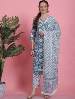 Bhayli - Blue Floral Jaal Handblock Kurta with Pant & Dupatta (Set of 3)