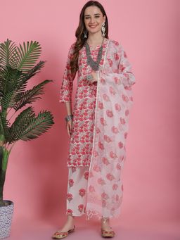 Bhayli - Off White & Coral Floral Print Kurta with Pant & Dupatta (Set of 3)