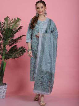 Bhayli - Grey & Green Floral Jaal Cotton Kurta with Pant & Dupatta (Set of 3)
