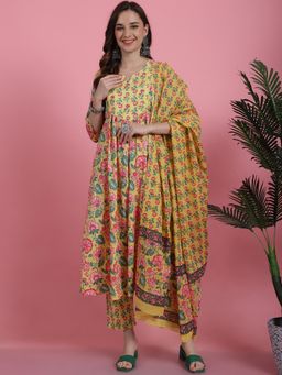 Bhayli - Yellow & Green Floral Jaal Print Cotton Kurta with Pant & Dupatta (Set of 3)