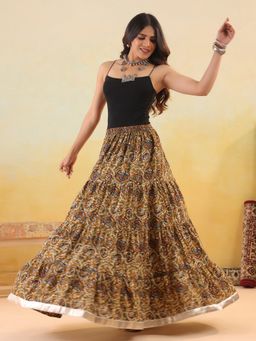 Rimeline - Women Mustard Floral Printed Pure Cotton Maxi Skirt