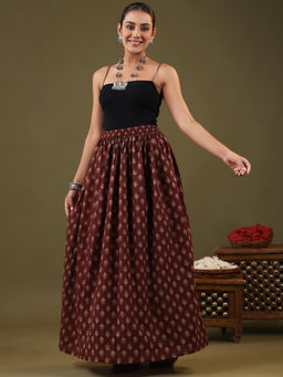 Rimeline - Women Maroon Ethnic Printed Pure Cotton Tiered Maxi Skirt