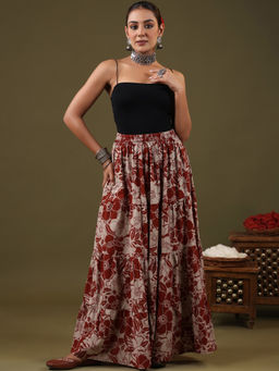 Rimeline - Women Maroon Floral Printed Cotton Flared Maxi Skirt