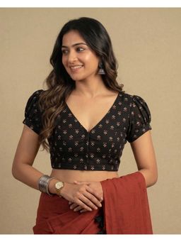 Moora - Black Subtle Days Puff Sleeves V-Neck Blouse