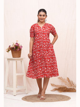 Anurang - Women Red Ethnic Printed Pure Cotton A-Line Midi Dress