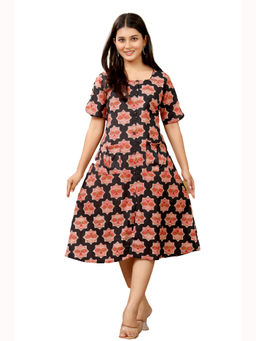 Anurang - Women Black Ethnic Printed Cotton Fit and Flare Midi Dress