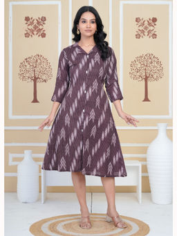 Anurang - Women Brown Ikat Printed Cotton A-Line Shirt Midi Dress