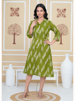 Anurang - Women Green Ikat Printed Cotton A-Line Shirt Midi Dress