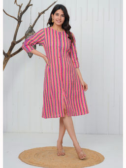 Anurang - Women Pink Striped Pure Cotton Front Slit Straight Midi Dress