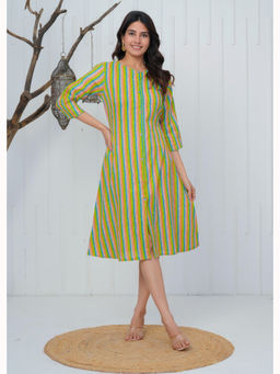 Anurang - Women Green Striped Pure Cotton Front Slit Straight Midi Dress
