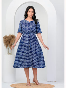 Anurang - Women Navy Blue Geometric Printed Cotton A-Line Midi Dress