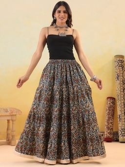 Rimeline - Women Blue Floral Printed Pure Cotton Maxi Skirt