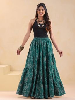 Rimeline - Women Ramagreen Printed Pure Cotton Flared Maxi Skirt
