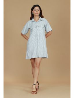 Tjori - Grey Striped Woven Cotton Shirt Dress