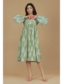 Tjori - Green Ikat Printed Balloon Sleeve Dress