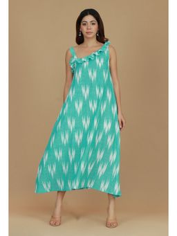 Tjori - Blue Ikat Ruffle Strap Dress