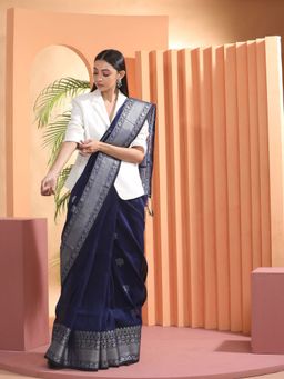 Beatitude - Blue Woven Linen Saree with Unstitched Blouse