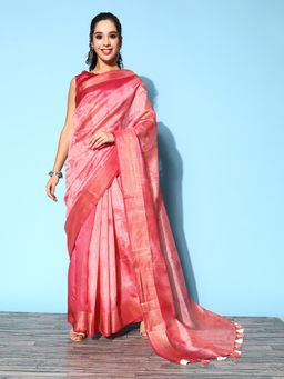 Akhilam - Womens Cotton Silk Pink Printed Celebrity Saree with Unstitched Blouse