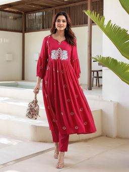 Gahan - Womens Viscose Rayon Anarkali Embroidered Kurta With Pant - Pink