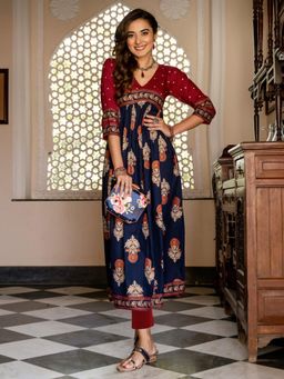 Gahan - Womens Viscose Rayon Anarkali Printed Kurta with Pant - Teal