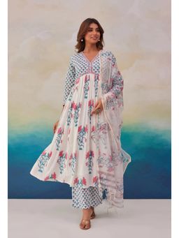 Gahan - Womens Viscose Rayon Anarkali Printed Kurta with Pant & Dupatta - White