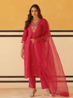 Gahan - Womens Viscose Rayon Straight Embroidered Kurta with Pant & Dupatta - Pink