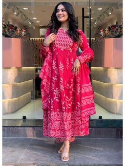 Gahan - Womens Viscose Rayon Anarkali Printed Kurta with Pant & Dupatta - Pink