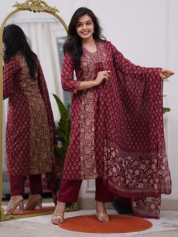 Gahan - Womens Viscose Rayon Anarkali Printed Kurta with Pant & Dupatta - Maroon