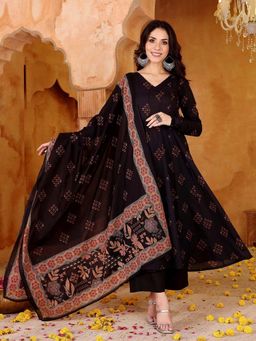 Gahan - Womens Viscose Rayon Anarkali Printed Kurta with Pant & Dupatta - Black