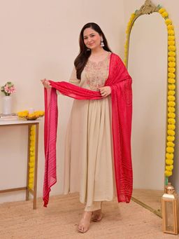 Gahan - Womens Viscose Rayon Anarkali Embroidered Kurta with Pant & Dupatta - Beige