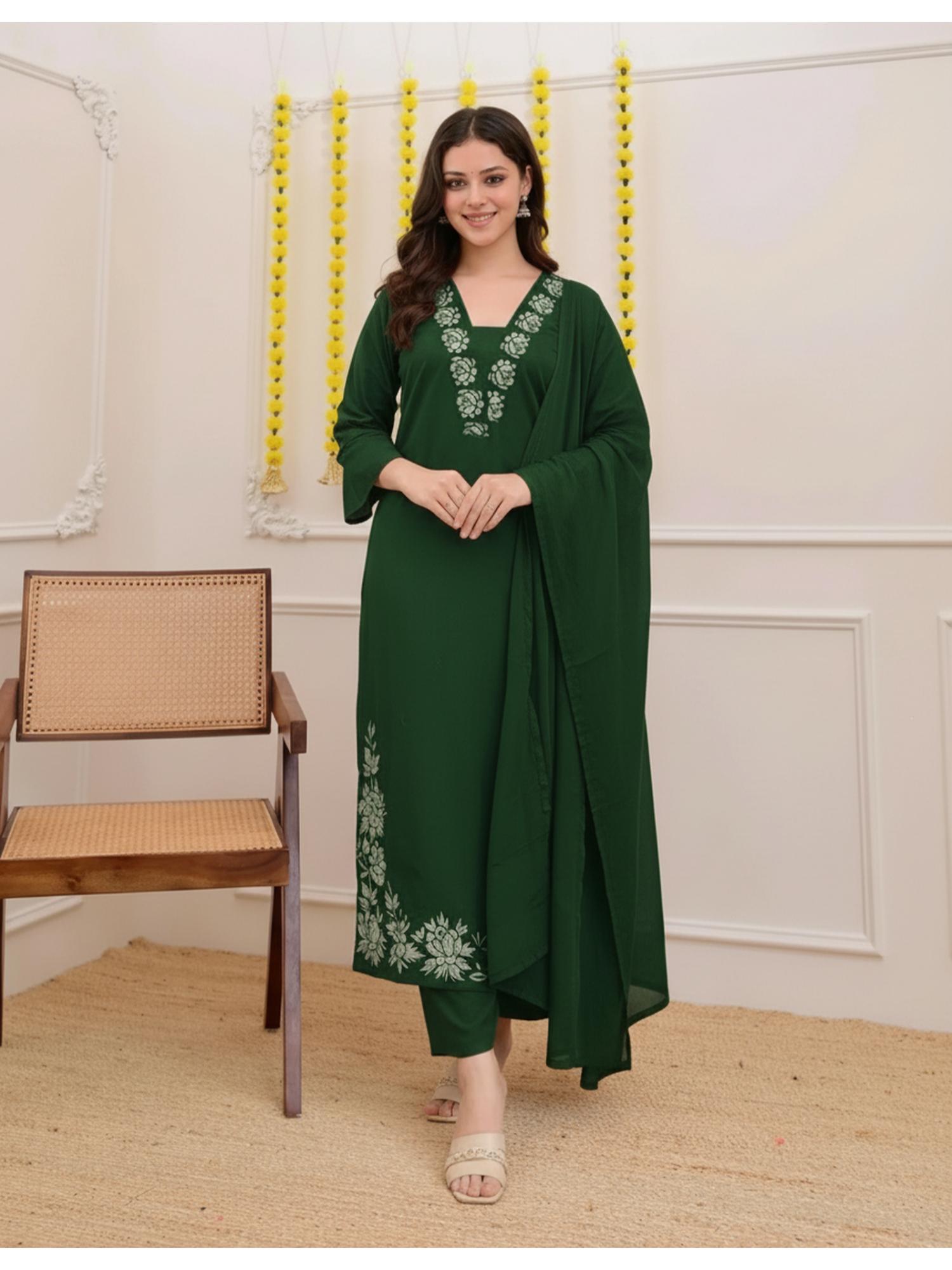 gahan Womens Viscose Rayon Straight Printed Kurta with Pant & Dupatta - Green-picture-22
