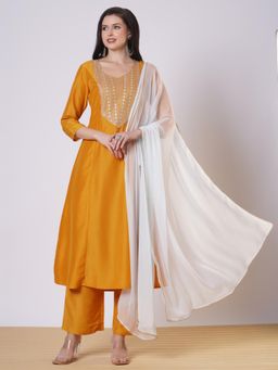 Gahan - Womens Viscose Rayon Anarkali Embroidered Kurta with Pant & Dupatta - Yellow