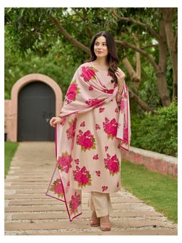Gahan - Womens Viscose Rayon Straight Printed Kurta with Pant & Dupatta - Cream