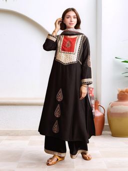 Gahan - Womens Viscose Rayon Straight Printed Kurta with Palazzo & Dupatta - Black