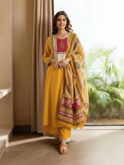 Gahan - Womens Viscose Rayon Straight Printed Kurta with Palazzo & Dupatta - Yellow