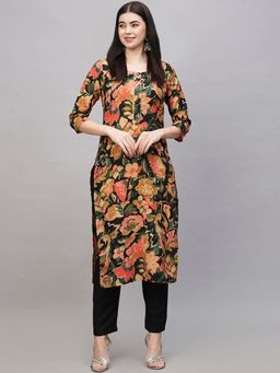 Gahan - Womens Viscose Rayon Straight Printed Kurta with Pant - Black