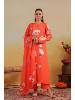 Gahan - Womens Viscose Rayon Straight Printed Kurta with Pant & Dupatta - Orange