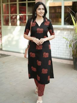 Gahan - Womens Viscose Rayon Straight Printed Kurta with Pant - Black