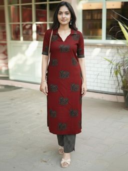 Gahan - Womens Viscose Rayon Straight Printed Kurta with Pant - Maroon