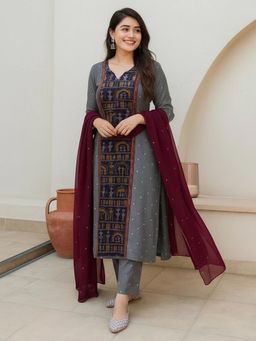 Gahan - Womens Viscose Rayon Straight Printed Kurta with Pant & Dupatta - Grey