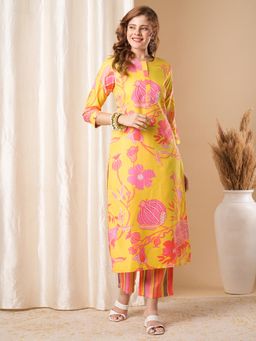 Gahan - Womens Viscose Rayon Straight Printed Kurta with Pant - Yellow