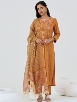Gahan - Womens Viscose Rayon Straight Embroidered Kurta with Pant & Dupatta - Mustard