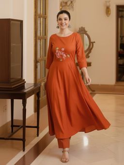 Gahan - Womens Viscose Rayon Anarkali Embroidered Kurta With Pant - Orange